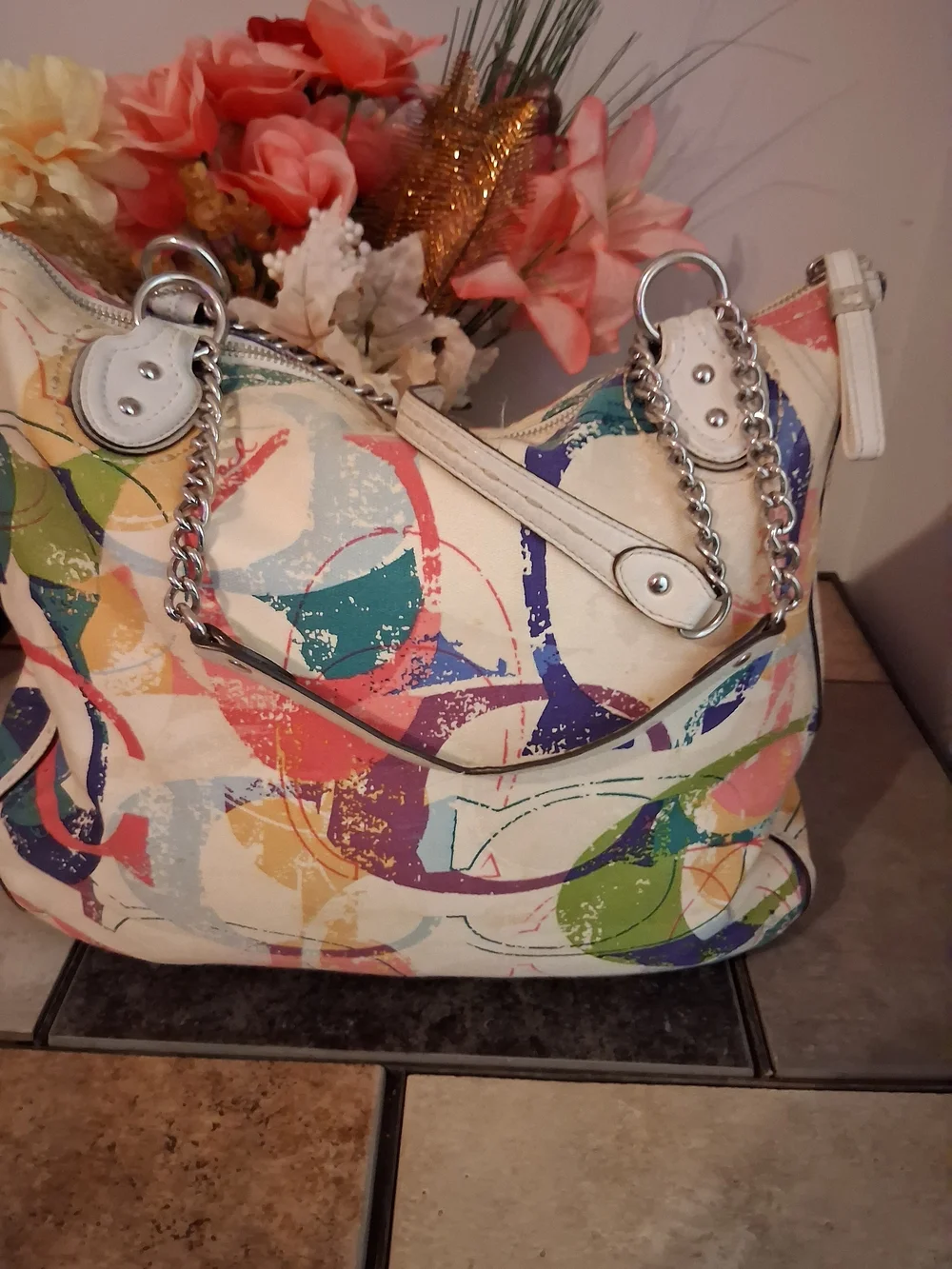 Coach Multicolor Canvas Shoulder Bag with White Leather Trim